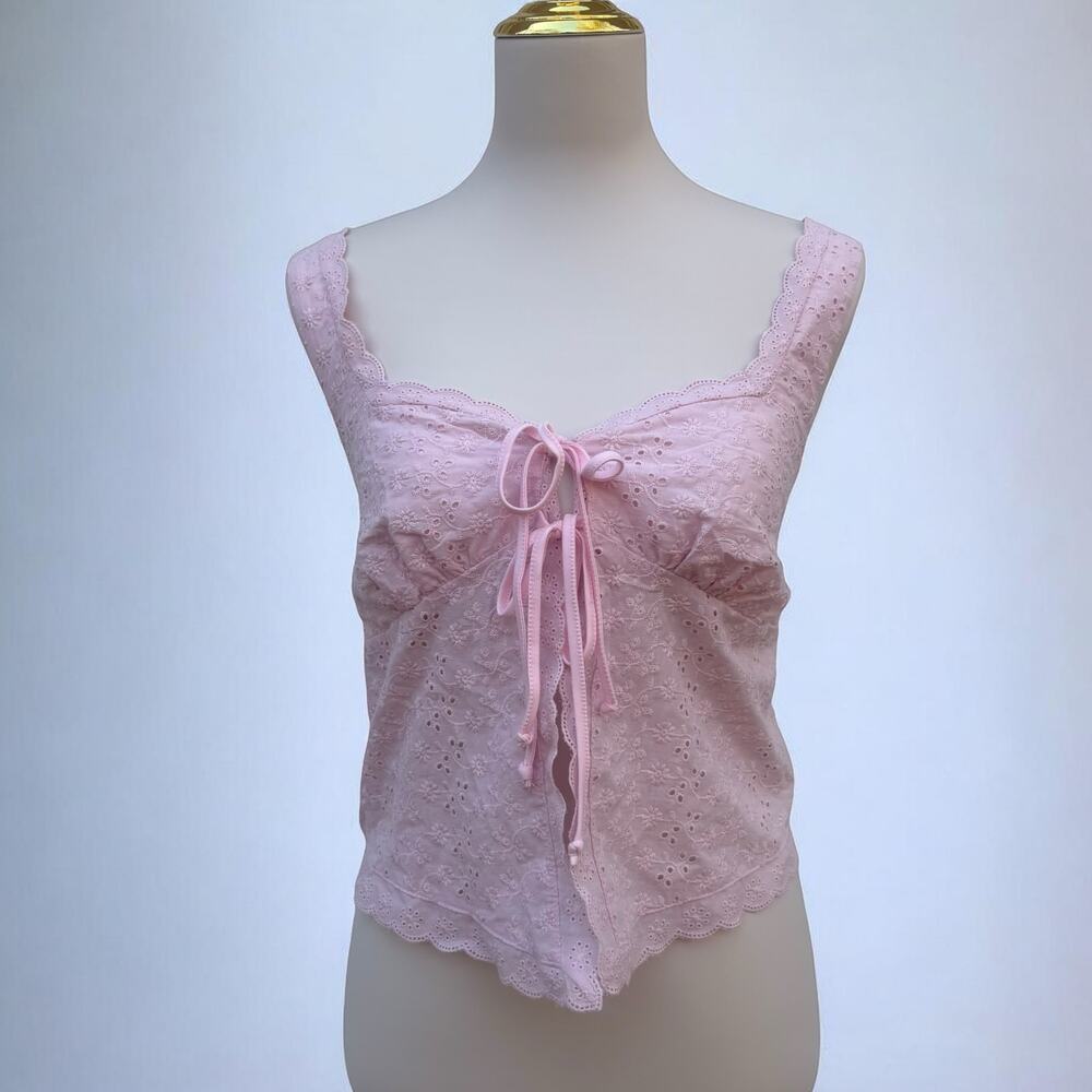 Aeropostale Eyelet Tie Front Flyaway Tank Top Shirt Lg Pink Lace Floral Coquette